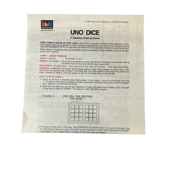 Uno Dice Game 1987 Family Game Ages 7 to Adult - Picture 5 of 11
